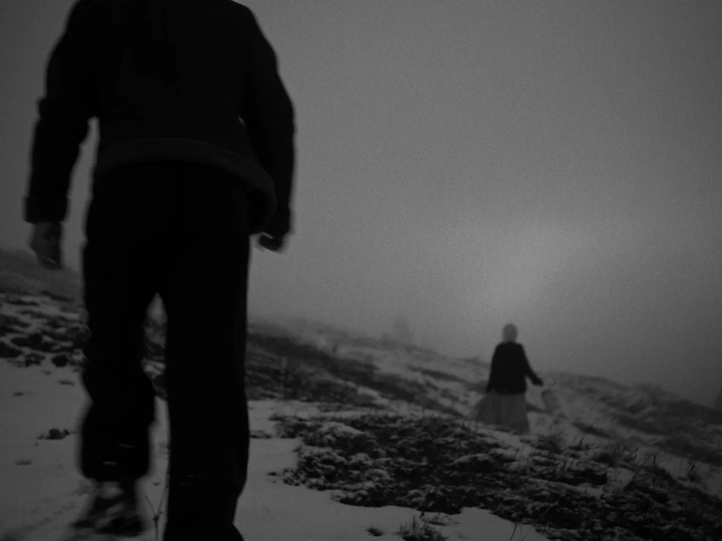 Two figures walking through the snow